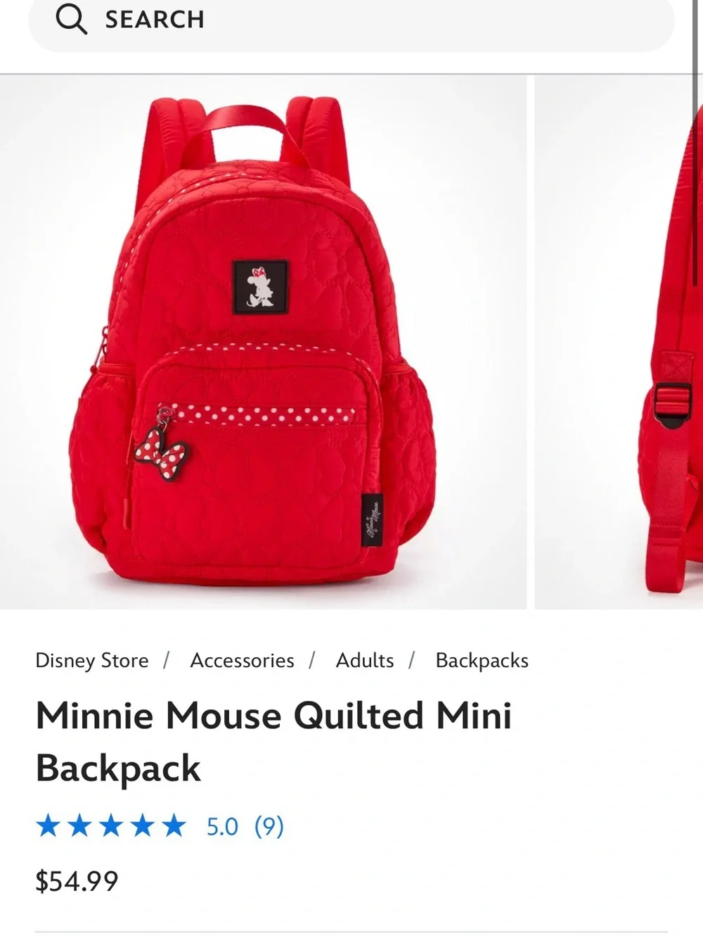 Disneyland Red Minnie Mouse Quilted Backpack